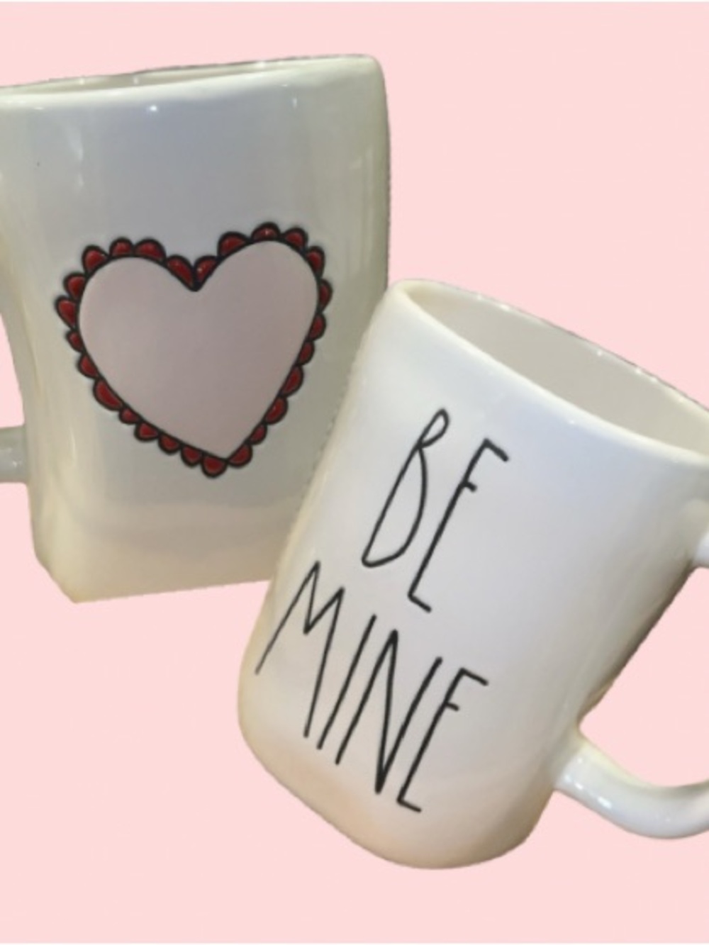Rae Dunn White Mug Set with Pink Heart and Black Script